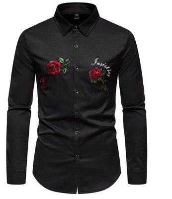 Apparel Custom Factory China Men'S Polyester Blend Casual Long Sleeve Rose Embroidery Square Neck Shirt